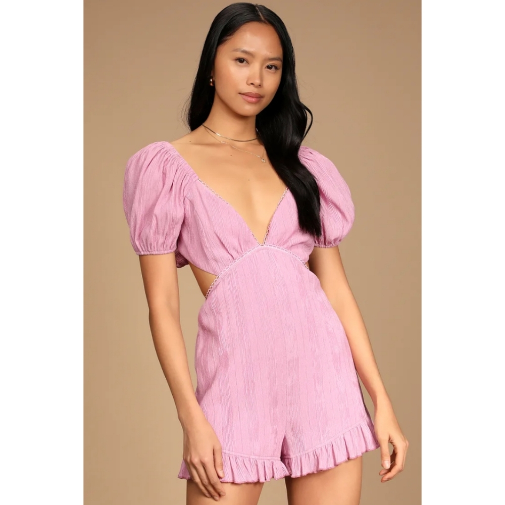 Lulu Lavender Got You Sprung V-neck Tie Back Puff Short Sleeve Ruffle Hem Romper